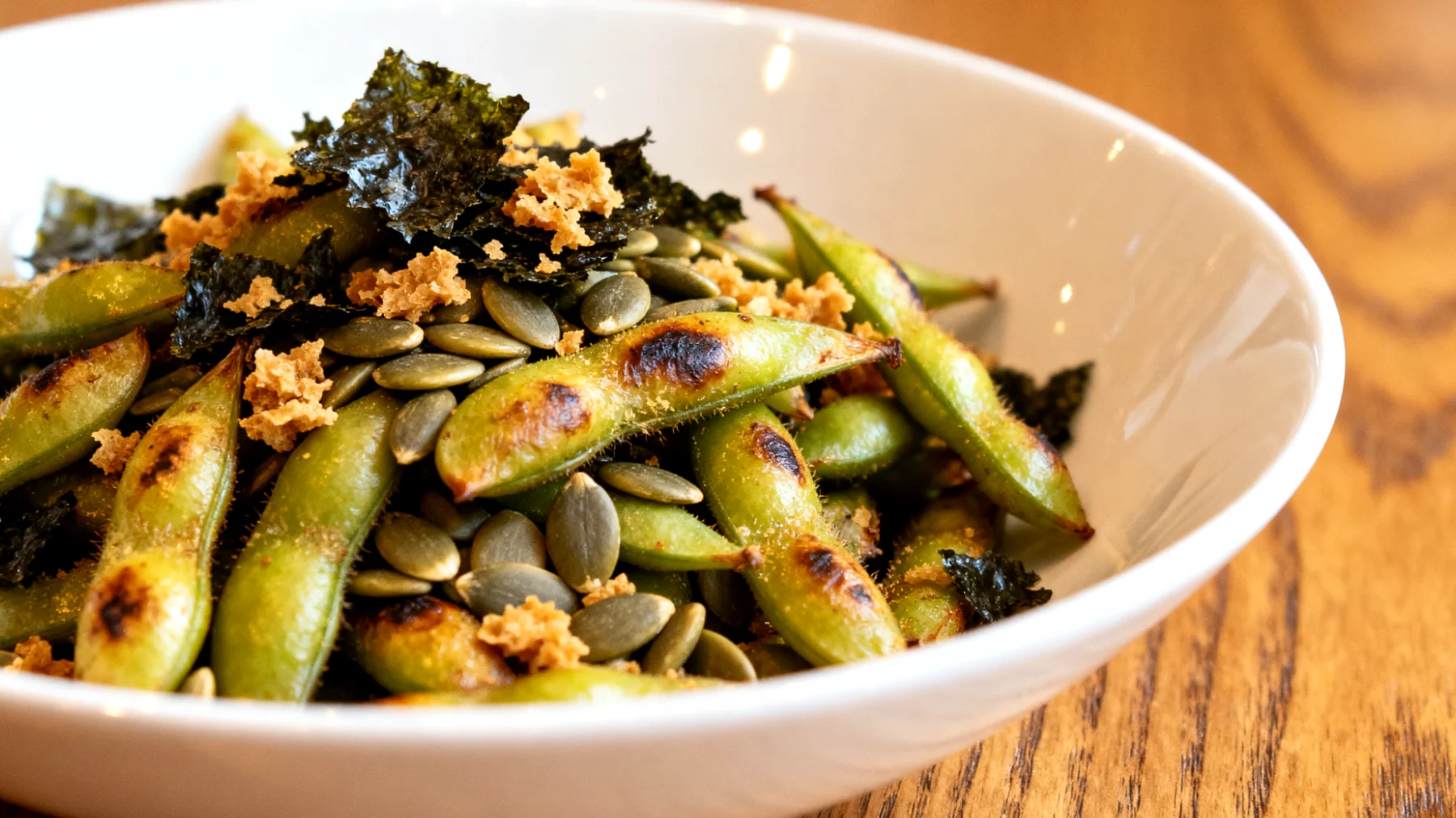 Edamame tostati con semi di zucca e alga nori sbriciolata"