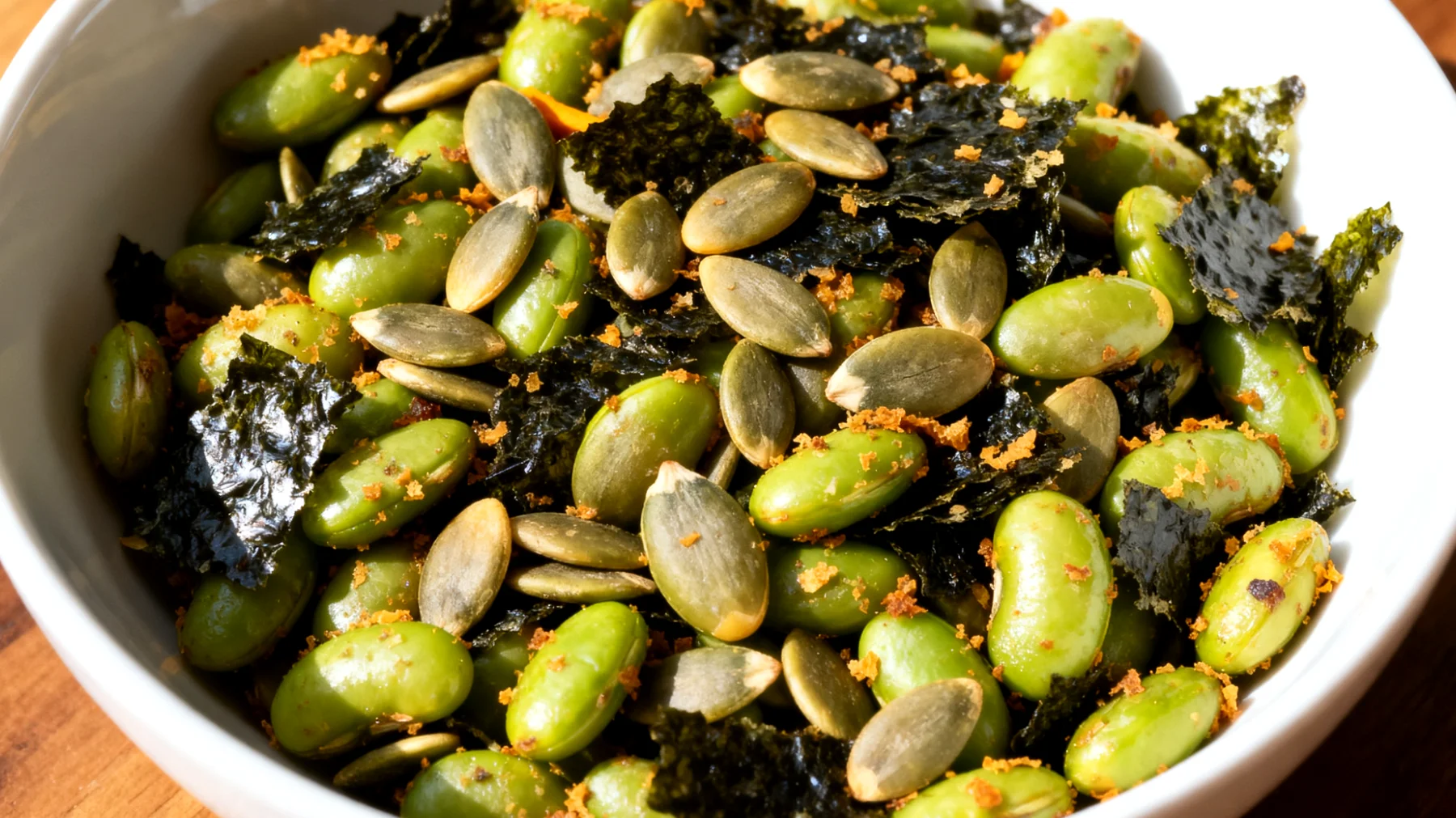 Edamame tostati con semi di zucca e alga nori sbriciolata"